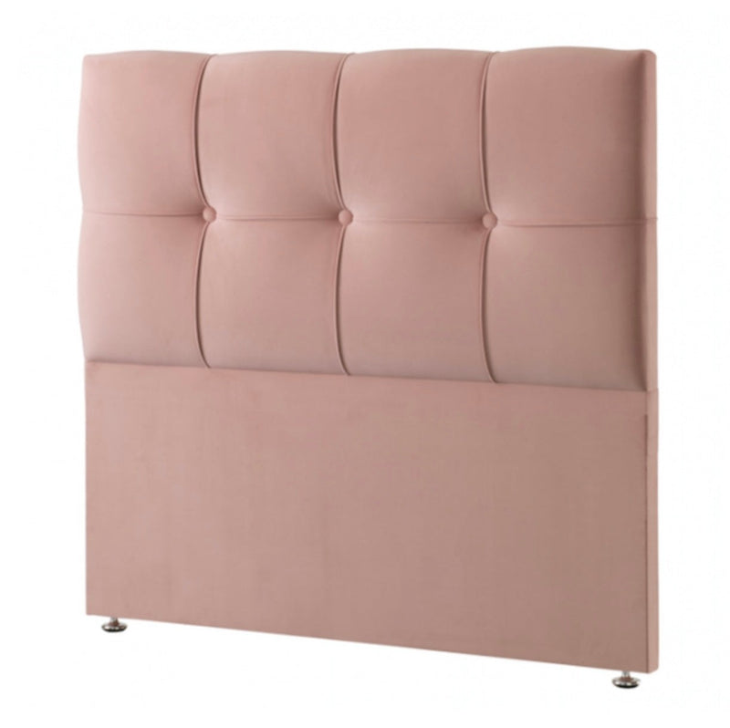 A pink upholstered headboard with a three-button design and sewn plates, pictured against a white background.