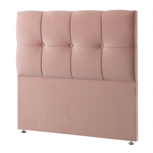A pink upholstered headboard with a three-button design and sewn plates, pictured against a white background.
