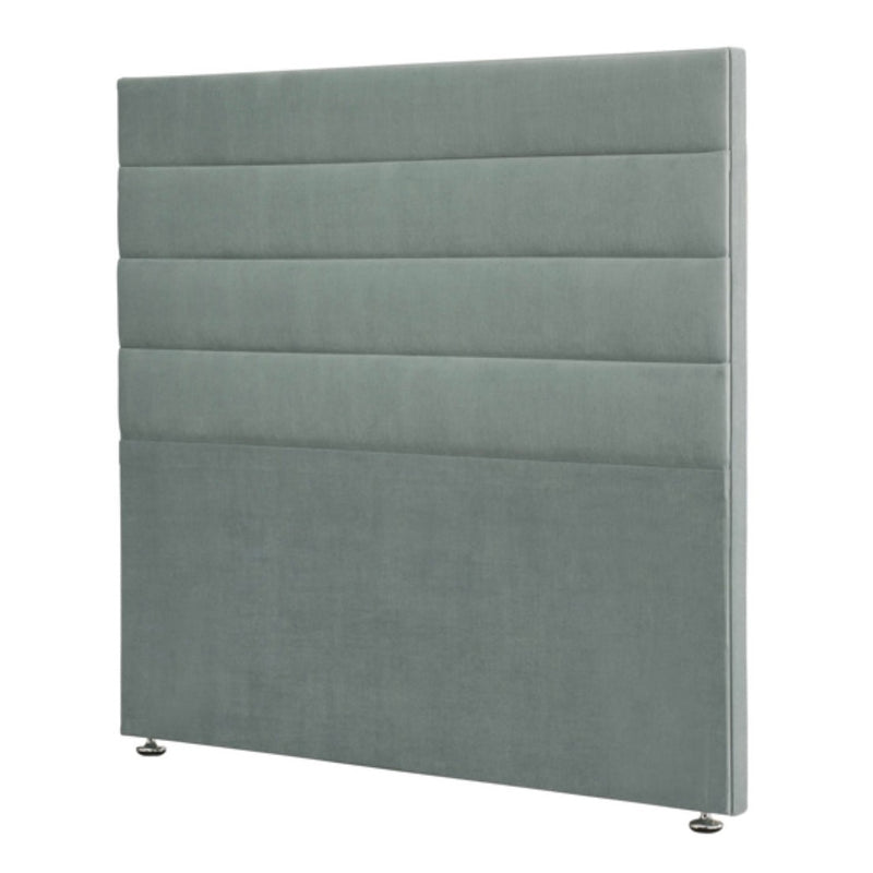 Modern upholstered headboard with horizontal channels and metal legs.