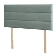 The Respa Emerald headboard features a modern light gray upholstery with three horizontally stitched panels and two unfinished wooden support legs.