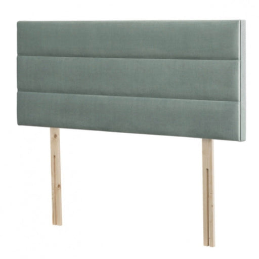 The Respa Emerald headboard features a modern light gray upholstery with three horizontally stitched panels and two unfinished wooden support legs.