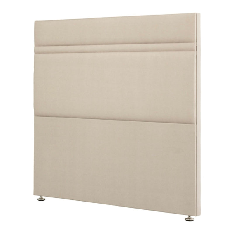 Upholstered bed headboard in beige fabric with two main panels and horizontal pleating detail.