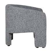 The Humphrey’s Occasional Chair features a modern barrel-shaped design with a curved backrest and armrests, upholstered in textured gray chenille fabric, shown from the side against a white background.