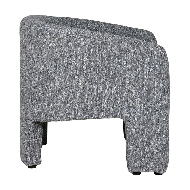 The Humphrey’s Occasional Chair features a modern barrel-shaped design with a curved backrest and armrests, upholstered in textured gray chenille fabric, shown from the side against a white background.