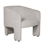 The Humphrey’s Occasional Chair is a modern, light gray upholstered accent chair with curved armrests and backrest, minimalist design, chenille fabric, and thick rectangular wooden legs.