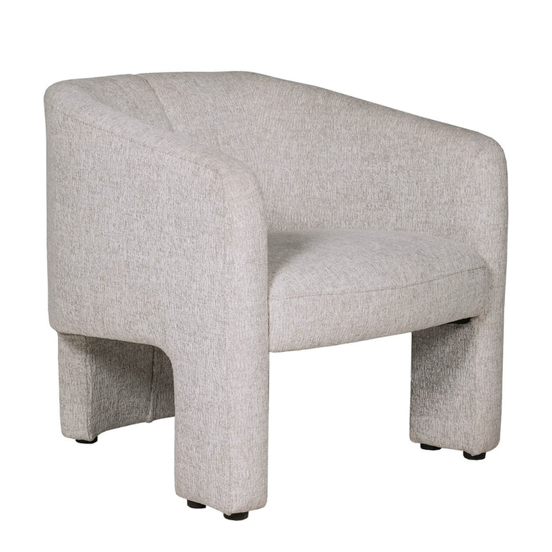 The Humphrey’s Occasional Chair is a modern, light gray upholstered accent chair with curved armrests and backrest, minimalist design, chenille fabric, and thick rectangular wooden legs.