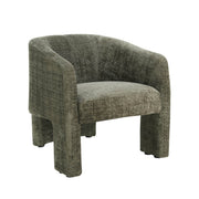 The Humphrey’s Occasional Chair features a modern design with a rounded back, wide wooden legs, and textured gray chenille upholstery.