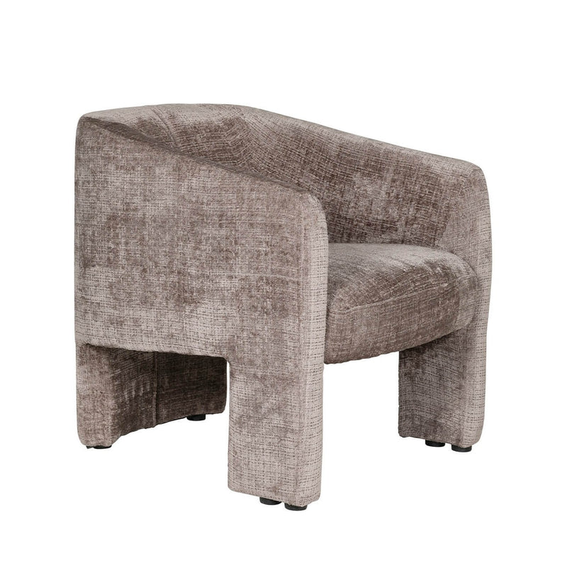 The Humphrey’s Occasional Chair features curved edges and is upholstered in textured light brown chenille. It boasts broad armrests and stands on four short, sturdy wooden legs for a contemporary, stylish look.