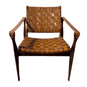 The Pres 55 is a mahogany chair with a wooden frame, woven tan leather seat and backrest, and angled armrests and legs, featuring a weaved design, shown against a white background.