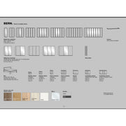 Product catalog page featuring the Berlin Sliderobe and bedroom furniture designs, including custom sliderobe diagrams, a bed, cabinets, chests of drawers, and finish options in wood, white, or mirrored surfaces.
