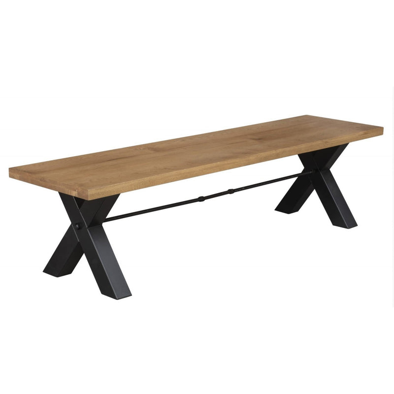 An industrial style bench with a black metal frame and a wooden slatted seat.