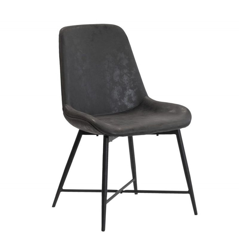 An industrial dining chair with black powder-coated steel legs and upholstered in soft faux leather, featuring a high back and bucket seat design.