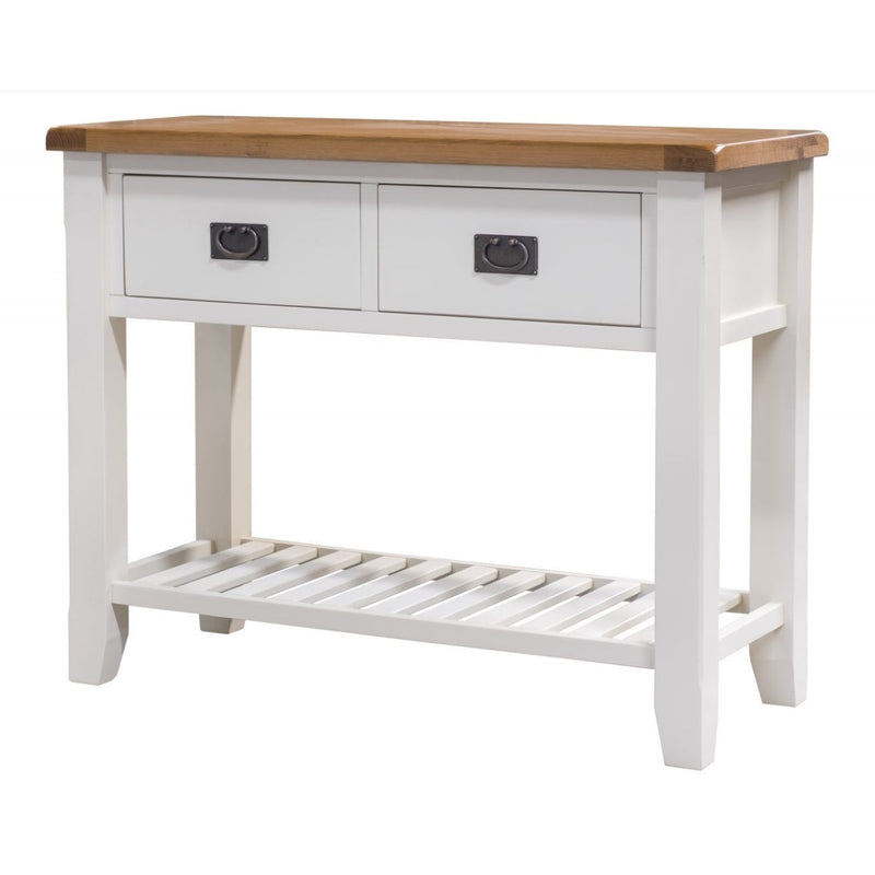 A cream and oak console table with two drawers and a lower shelf, placed against a white background.