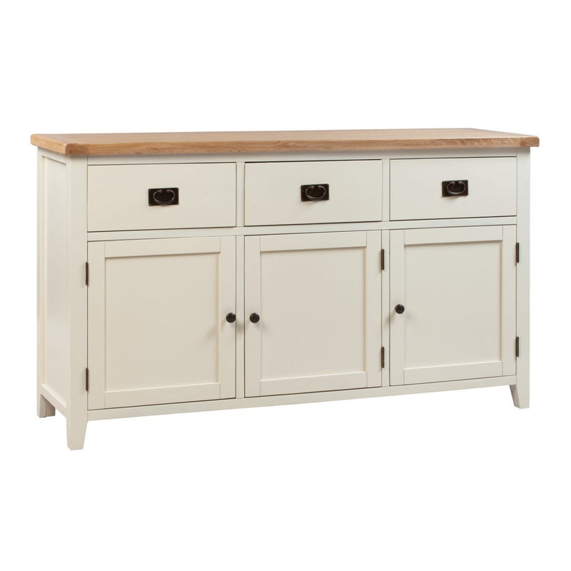 A large sideboard with a cream/oak color scheme, featuring three drawers and three cupboards, each with dark handles.