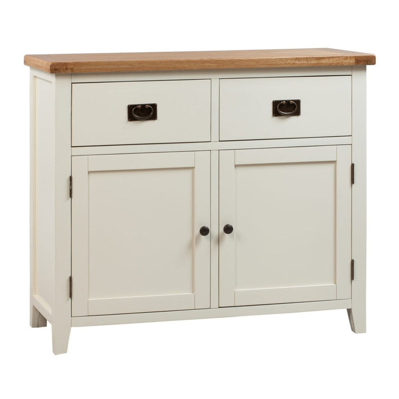 The Skellig Small Sideboard by vendor-unknown features a cream and oak finish with two metal-handled drawers, two lower doors with round knobs, and a durable natural wood top.