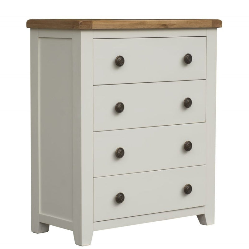 A cream-colored tall chest of drawers with oak wood tops and handles, set against a white background.