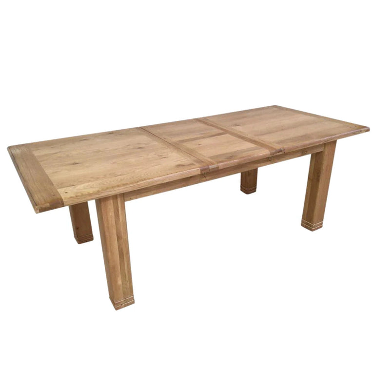 A weathered oak rectangular dining table with visible wood grain, featuring a standard size of 1.8 meters and an extended length of 2.