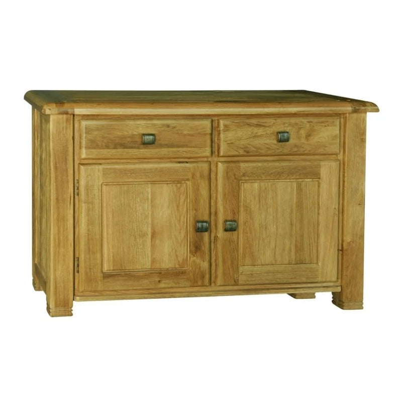 A large weathered oak sideboard with two doors and a flat surface on top.