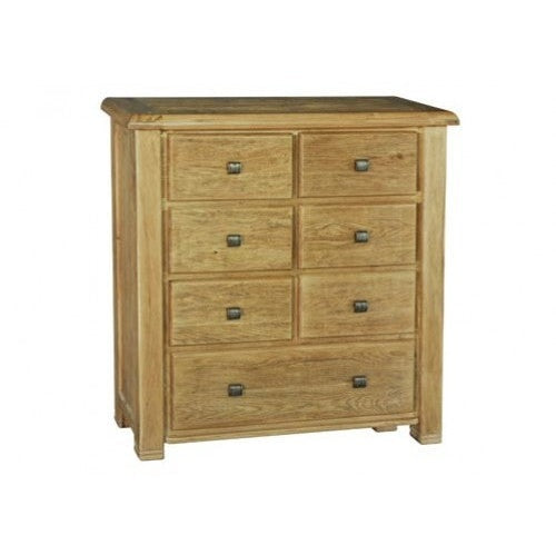 A tall chest of drawers with a wooden finish, featuring five drawers and a lower shelf, set against a white background.