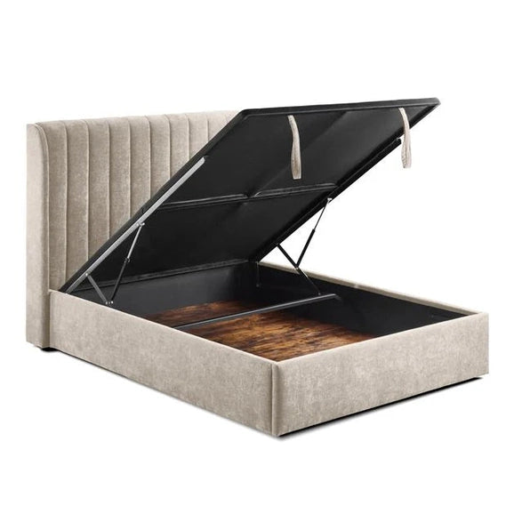 Beige upholstered bed with open storage compartment on a white background.
