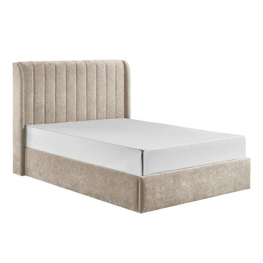 The Frida Storage Bed features a modern beige upholstered frame, a vertical channeled headboard, and under-bed storage. Topped with a clean white mattress, its sleek design stands out against the plain white background.