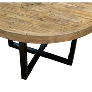 The New Jersey Dining Table features a natural finish top and black metal X-shaped legs, photographed against a white background for an industrial dining look.