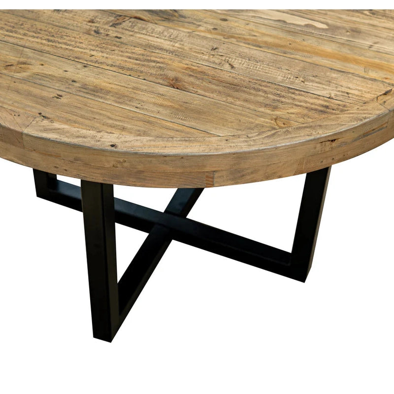 The New Jersey Dining Table features a natural finish top and black metal X-shaped legs, photographed against a white background for an industrial dining look.
