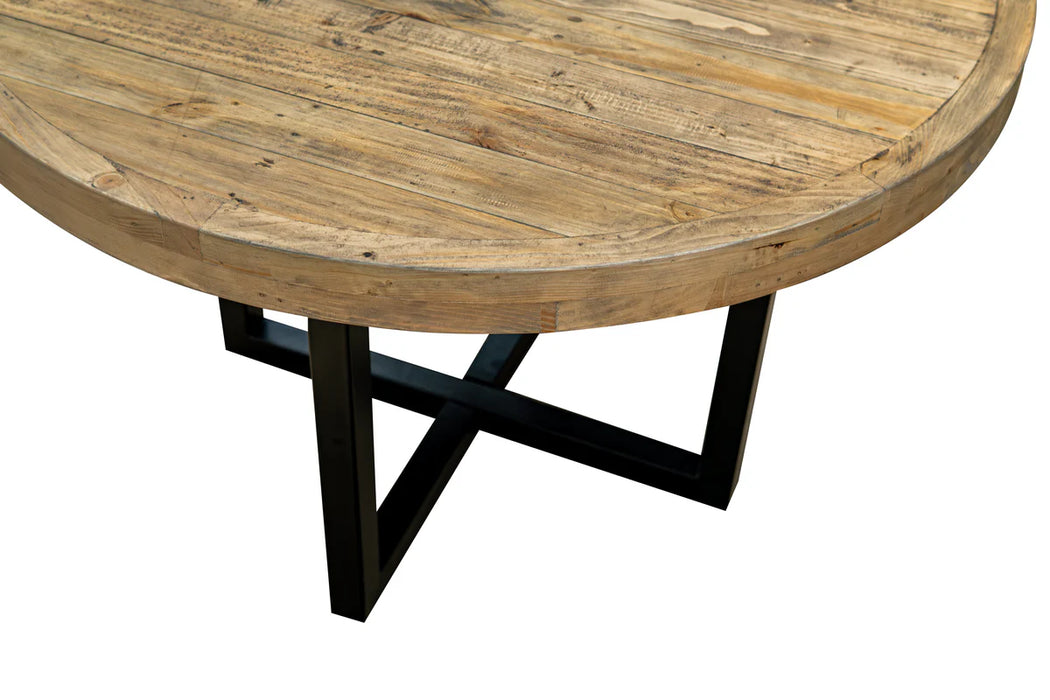 The New Jersey Dining Table features a natural finish top and black metal X-shaped legs, photographed against a white background for an industrial dining look.