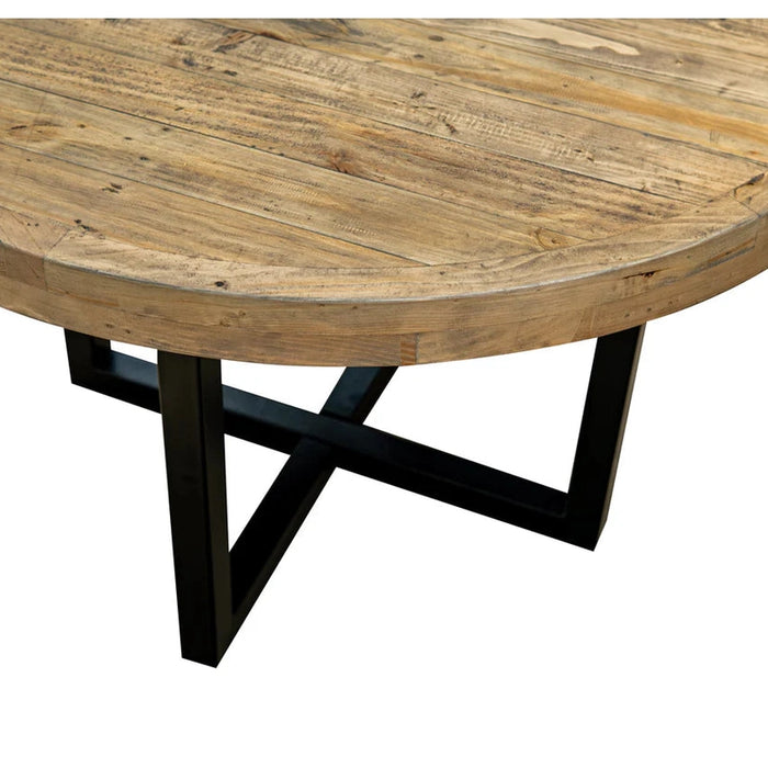 The New Jersey Dining Table features a natural finish top and black metal X-shaped legs, photographed against a white background for an industrial dining look.