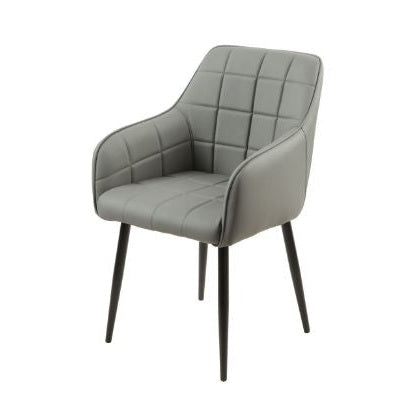 The Bianco dining chair is a modern gray bucket seat with quilted upholstery, black metal legs, and curved armrests for a stylish look.