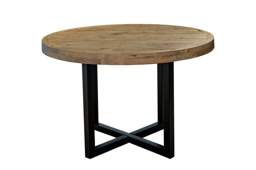 The New Jersey Dining Table features a round, thick reclaimed pine top and a black metal crossed-leg base, shown against a plain white background.