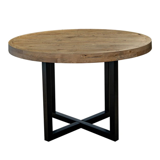 The New Jersey Dining Table features a round, thick reclaimed pine top and a black metal crossed-leg base, shown against a plain white background.