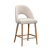 The Florence Counter Stool features a light beige upholstered seat and backrest, an open lower back, wooden legs, and a metal footrest, shown against a white background.