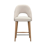 Front view of the Florence Counter Stool, showcasing a light beige upholstered backrest and seat, wooden legs, and a metal footrest, set against a white background.