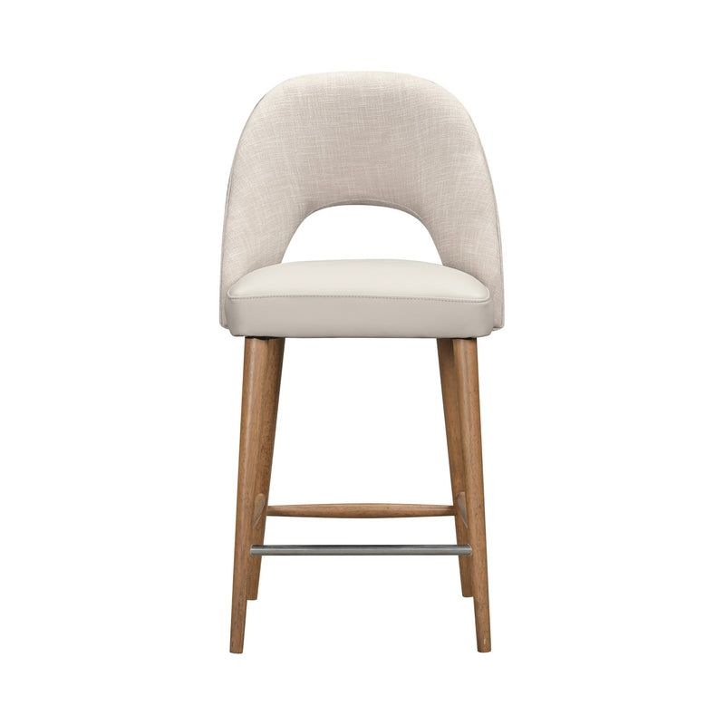 Front view of the Florence Counter Stool, showcasing a light beige upholstered backrest and seat, wooden legs, and a metal footrest, set against a white background.