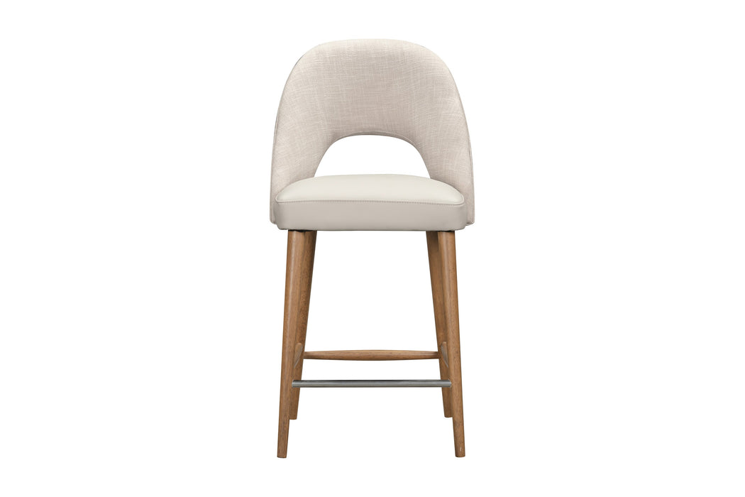 Front view of the Florence Counter Stool, showcasing a light beige upholstered backrest and seat, wooden legs, and a metal footrest, set against a white background.