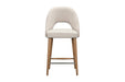 Front view of the Florence Counter Stool, showcasing a light beige upholstered backrest and seat, wooden legs, and a metal footrest, set against a white background.
