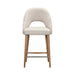 Front view of the Florence Counter Stool, showcasing a light beige upholstered backrest and seat, wooden legs, and a metal footrest, set against a white background.
