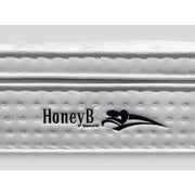 Close-up of a white Balmoral Mattress featuring the HoneyB brand and a black reclining figure logo on the side panel, crafted from quality fabrics for superior comfort.