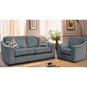 A modern living room features the Shelly sofa and matching armchair by vendor-unknown, both in gray aquaclean fabric with curved armrests. Two patterned pillows sit on the sofa. Light curtains, framed wall art, and a plant complete the background.