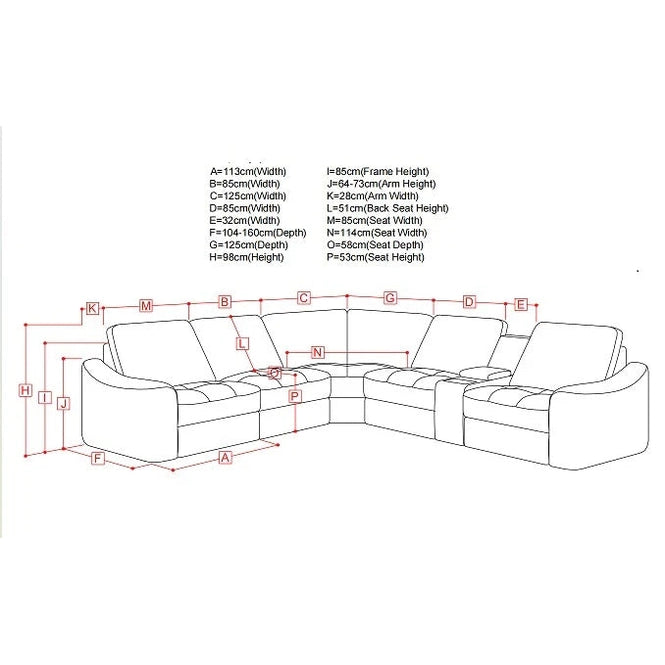 Line drawing of the Velora Corner Group modular L-shaped sofa with labeled dimensions: width, depth, height, seat width, seat depth, arm height, and back height, measurement values represented by letters A–P.