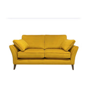 The Retro Sofa Range is a modern yellow, made-to-order sofa with two seat cushions, two back cushions, angled armrests, and matching throw pillows, shown against a plain white background.