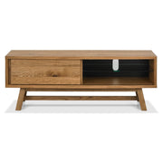 A Camden TV unit made of laminated oak with a sliding door and open shelf, featuring solid ash legs.