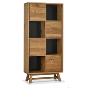 The Camden Display Cabinet features nine square compartments—some open, some with wooden doors—on angled legs, blending open shelving and closed storage to perfectly complement oak table tops or mid-century armchairs.