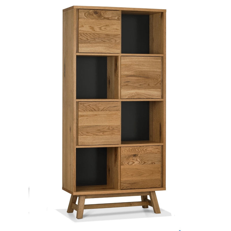 The Camden Display Cabinet features nine square compartments—some open, some with wooden doors—on angled legs, blending open shelving and closed storage to perfectly complement oak table tops or mid-century armchairs.