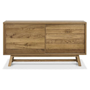 The Camden Large Sideboard is a modern rectangular unit with a natural wood finish, featuring two left doors, two right drawers, and stylish angled legs, inspired by the Camden dining collection.