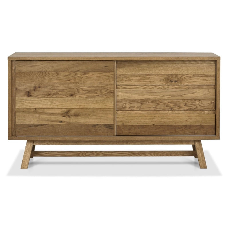 The Camden Large Sideboard is a modern rectangular unit with a natural wood finish, featuring two left doors, two right drawers, and stylish angled legs, inspired by the Camden dining collection.