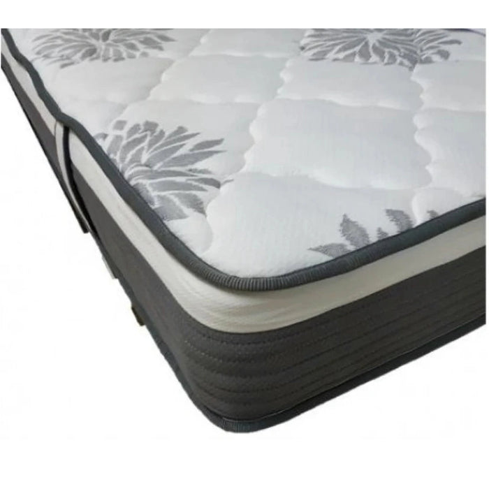 A mattress with white and gray fabric on a single mattress set.