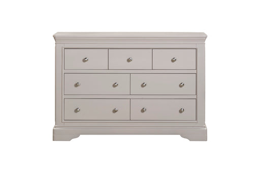 The Lima Wide Chest is a light gray wooden dresser with seven drawers and silver knobs. Part of our Taupe Bedroom Range, it features a classic, sturdy design and smooth finish—ideal to pair with bedside tables.
