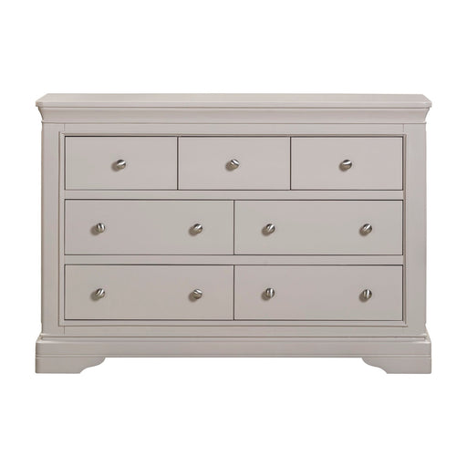 The Lima Wide Chest is a light gray wooden dresser with seven drawers and silver knobs. Part of our Taupe Bedroom Range, it features a classic, sturdy design and smooth finish—ideal to pair with bedside tables.